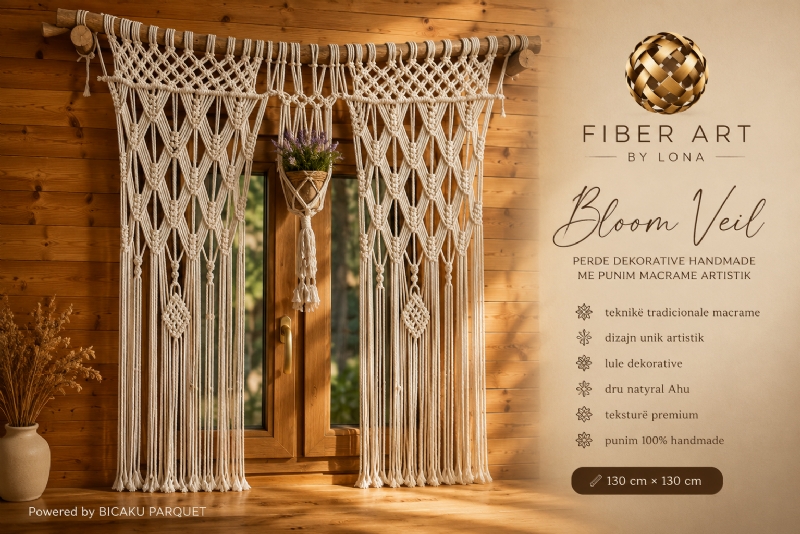 Perde Bloom Veil me Punim Macrame dhe Lule Artistike, Kompozimi Dekorativ – realizuar nga Fiber Art by Lona