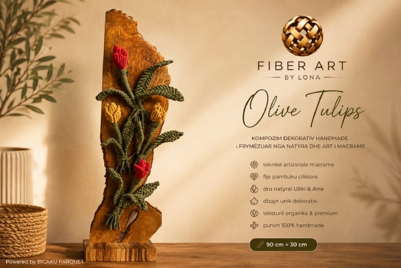 Dekor model Olive Tulips me Punim Macrame Handmade, Kompozimi Dekorativ – Fiber Art by Lona